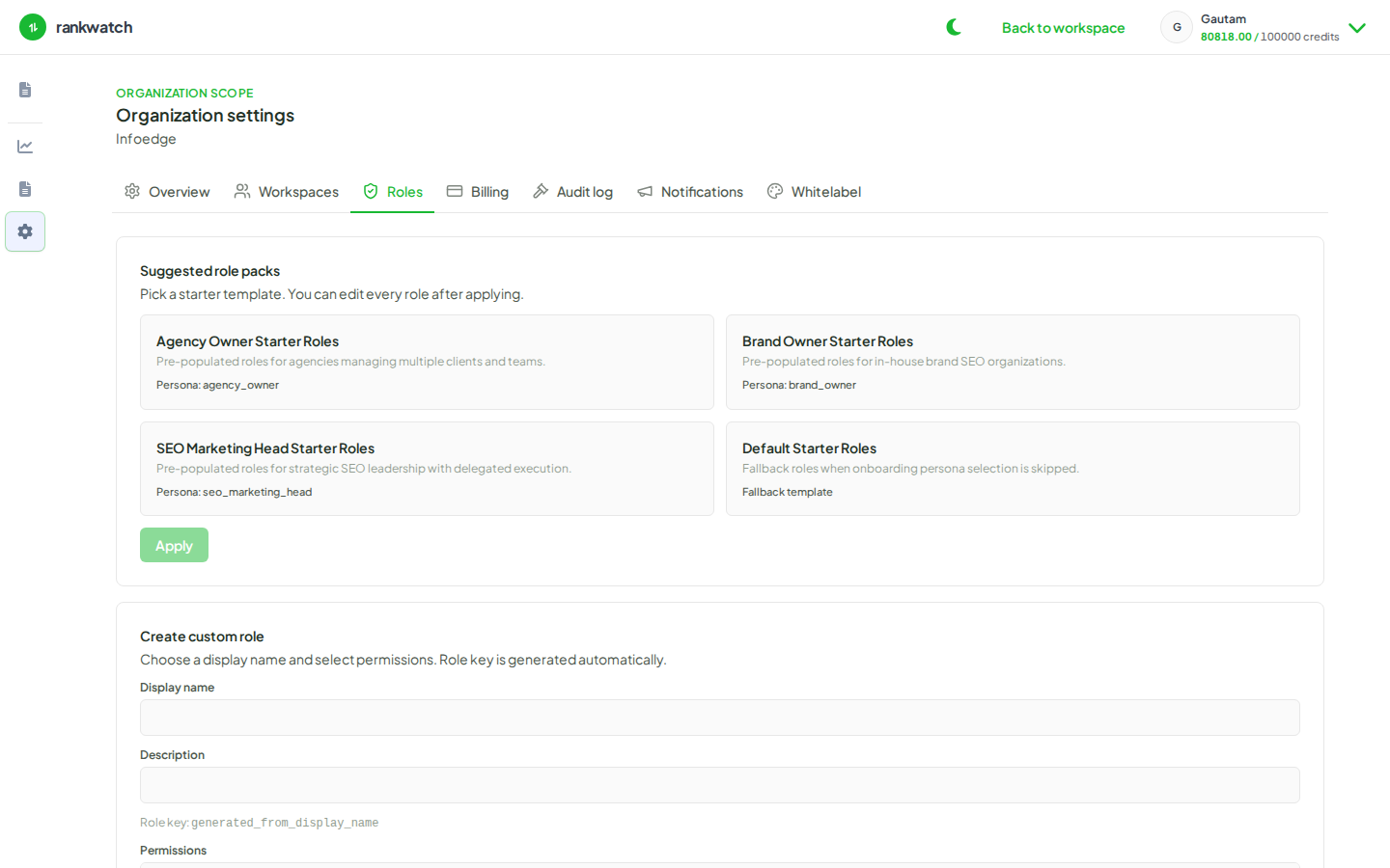 Organization settings Roles tab with suggested role packs